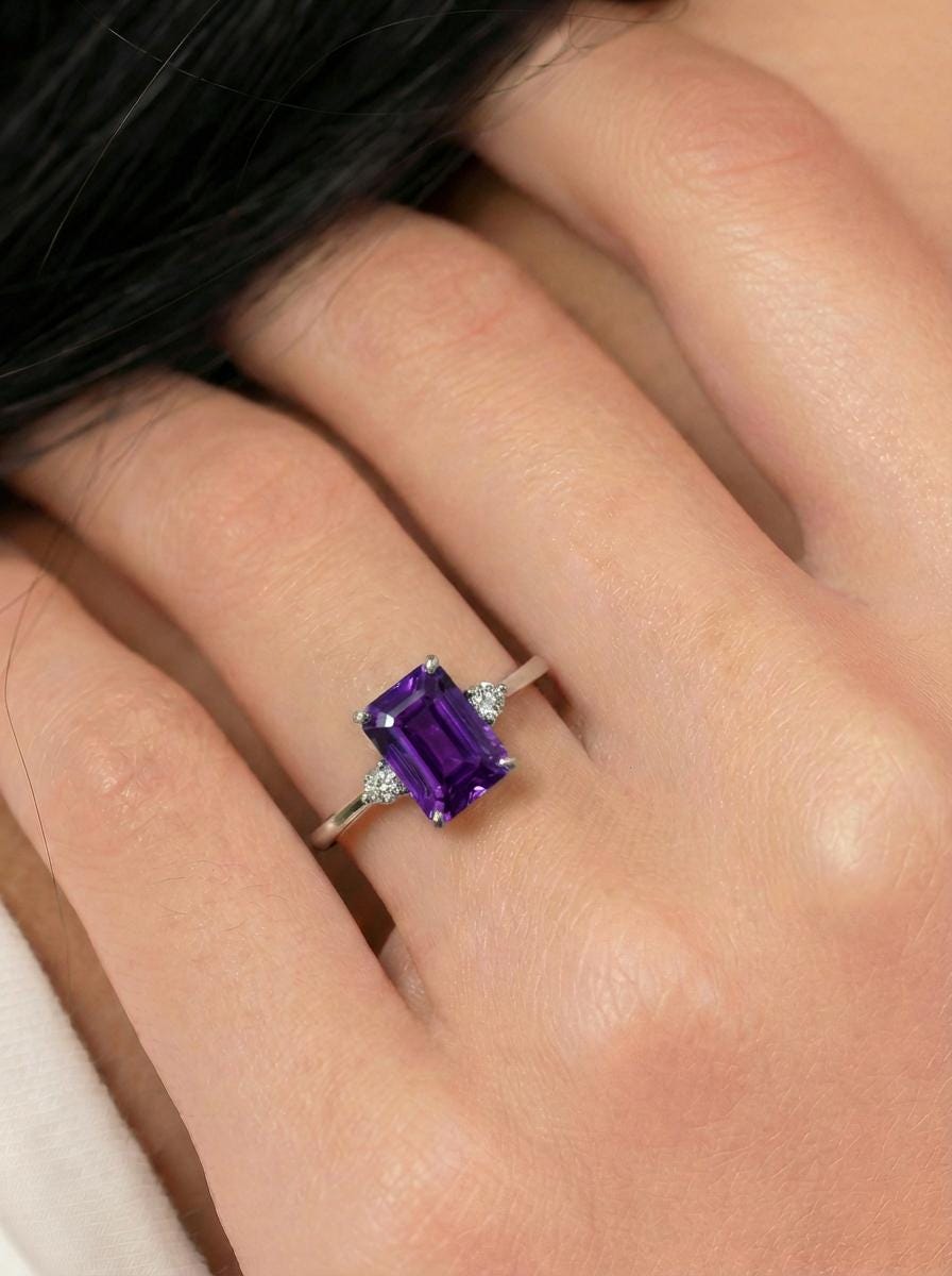 1.75ct Amethyst Ring, Emerald Cut Amethyst Ring, 14K Gold Statement Ring, Certified Stone Ring, February Birthstone
