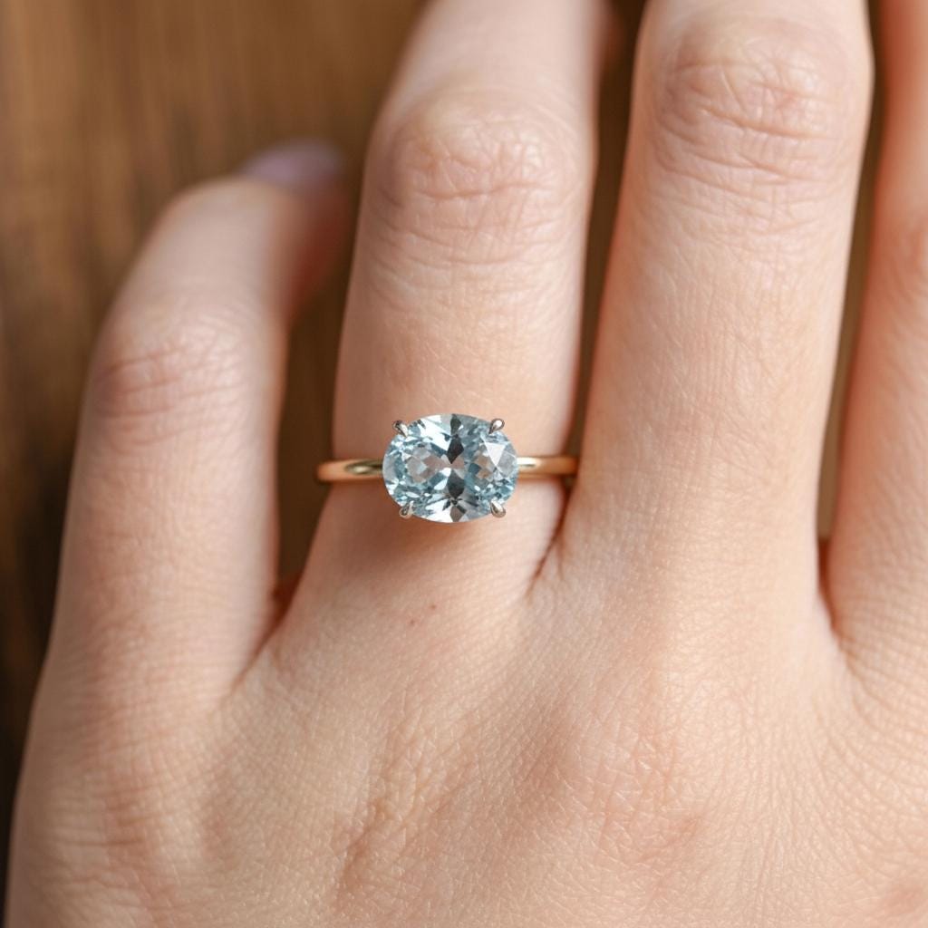 2.0 CT East West Oval Cut Aquamarine Engagement Ring, Yellow Gold Vermeil Two Tone Ring, Dainty Travel Engagement Ring