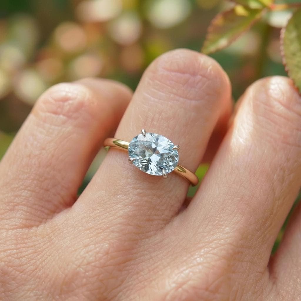 2.0 CT East West Oval Cut Aquamarine Engagement Ring, Yellow Gold Vermeil Two Tone Ring, Dainty Travel Engagement Ring