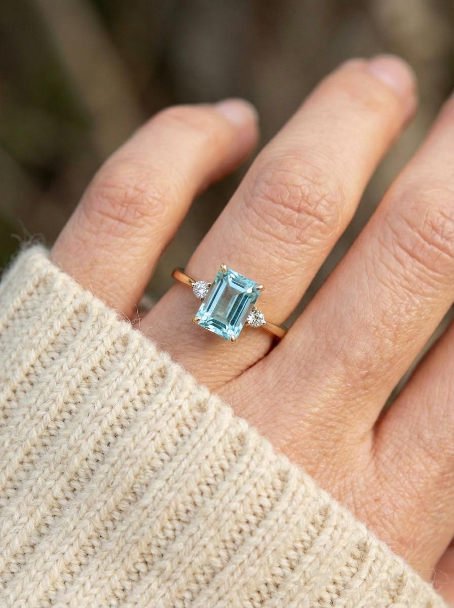 1.75ct Aquamarine Ring, Emerald Cut Aquamarine Ring, 14K Gold Statement Ring, Certified Stone Ring, March Birthstone