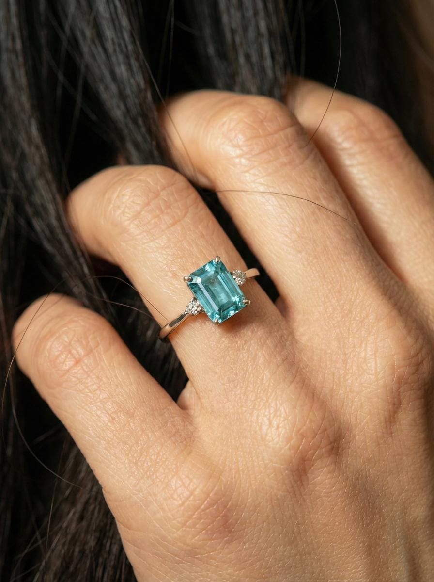 1.75ct Aquamarine Ring, Emerald Cut Aquamarine Ring, 14K Gold Statement Ring, Certified Stone Ring, March Birthstone