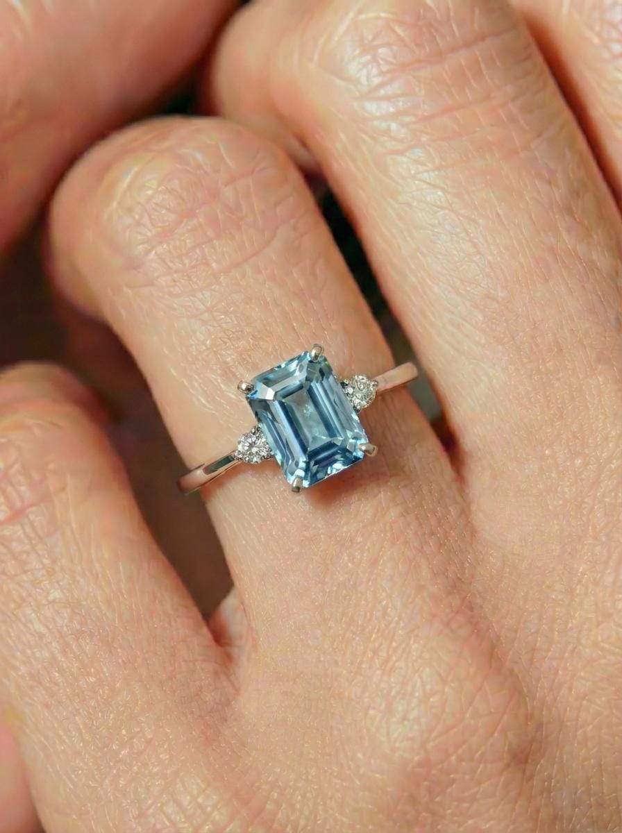 1.75ct Aquamarine Ring, Emerald Cut Aquamarine Ring, 14K Gold Statement Ring, Certified Stone Ring, March Birthstone
