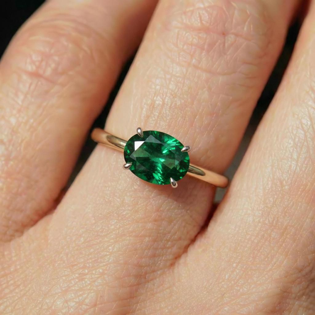 2.0 CT East West Oval Cut Emerald Engagement Ring, Yellow Gold Vermeil Two Tone Ring, Dainty Travel Engagement Ring