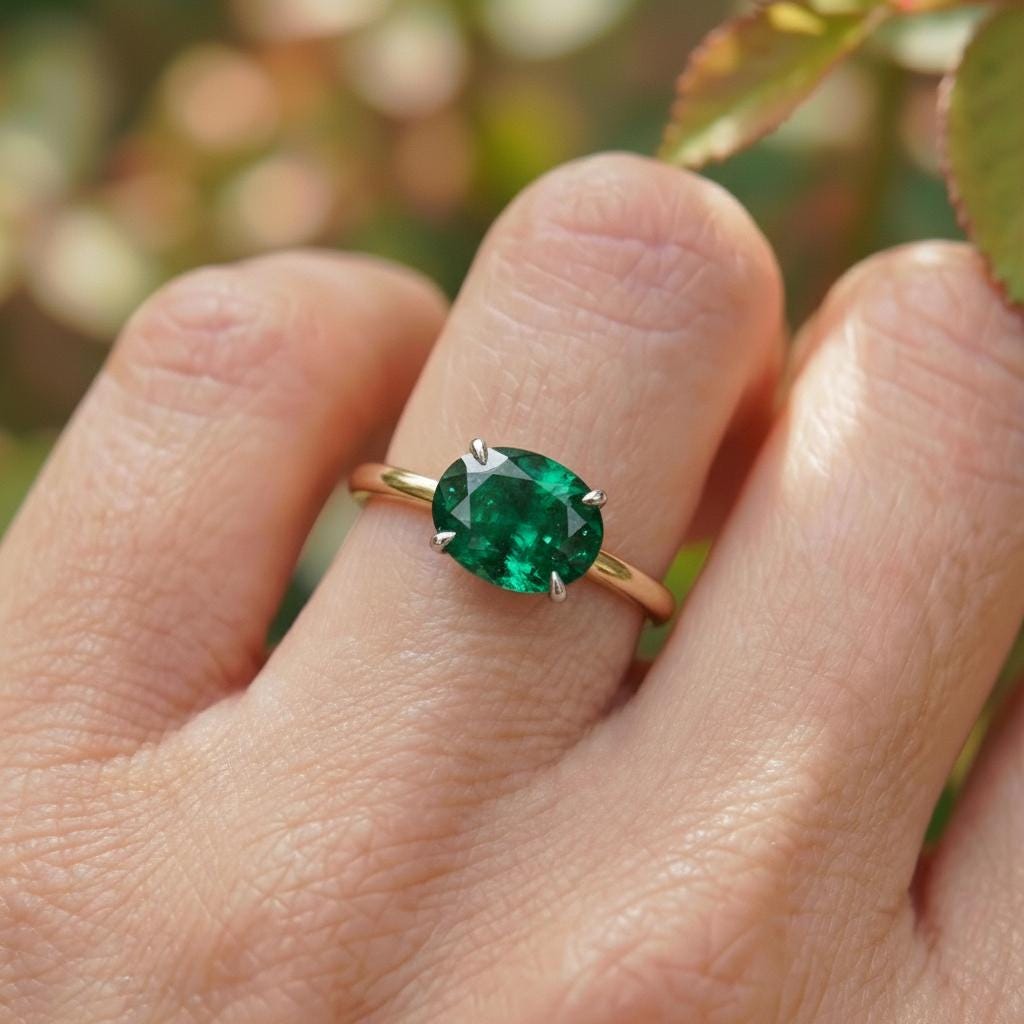 2.0 CT East West Oval Cut Emerald Engagement Ring, Yellow Gold Vermeil Two Tone Ring, Dainty Travel Engagement Ring