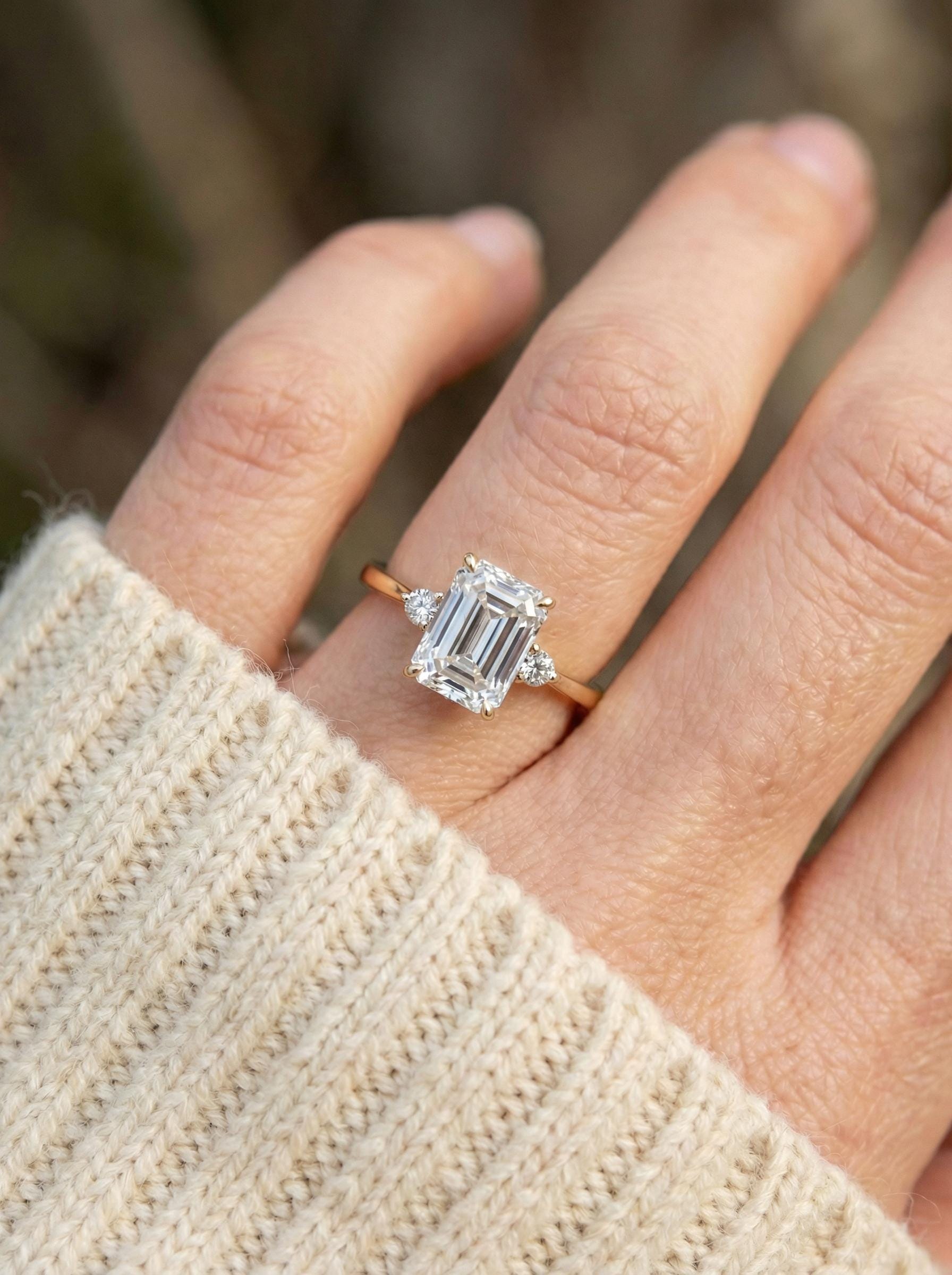 1.75ct Simulated Diamond Ring, Emerald Cut CZ Engagement Ring, 14K Gold Statement Ring, Certified Stone Ring, April Birthstone