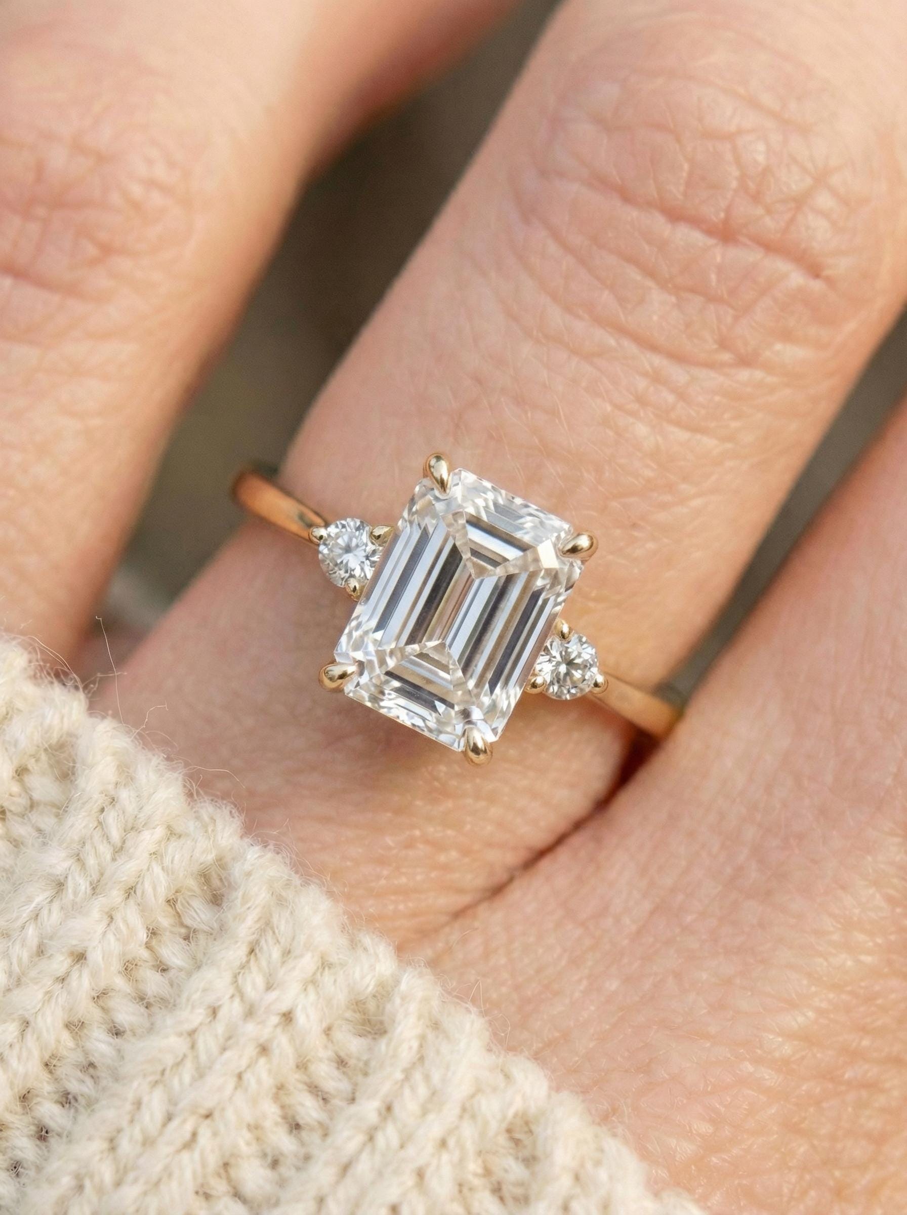 1.75ct Simulated Diamond Ring, Emerald Cut CZ Engagement Ring, 14K Gold Statement Ring, Certified Stone Ring, April Birthstone