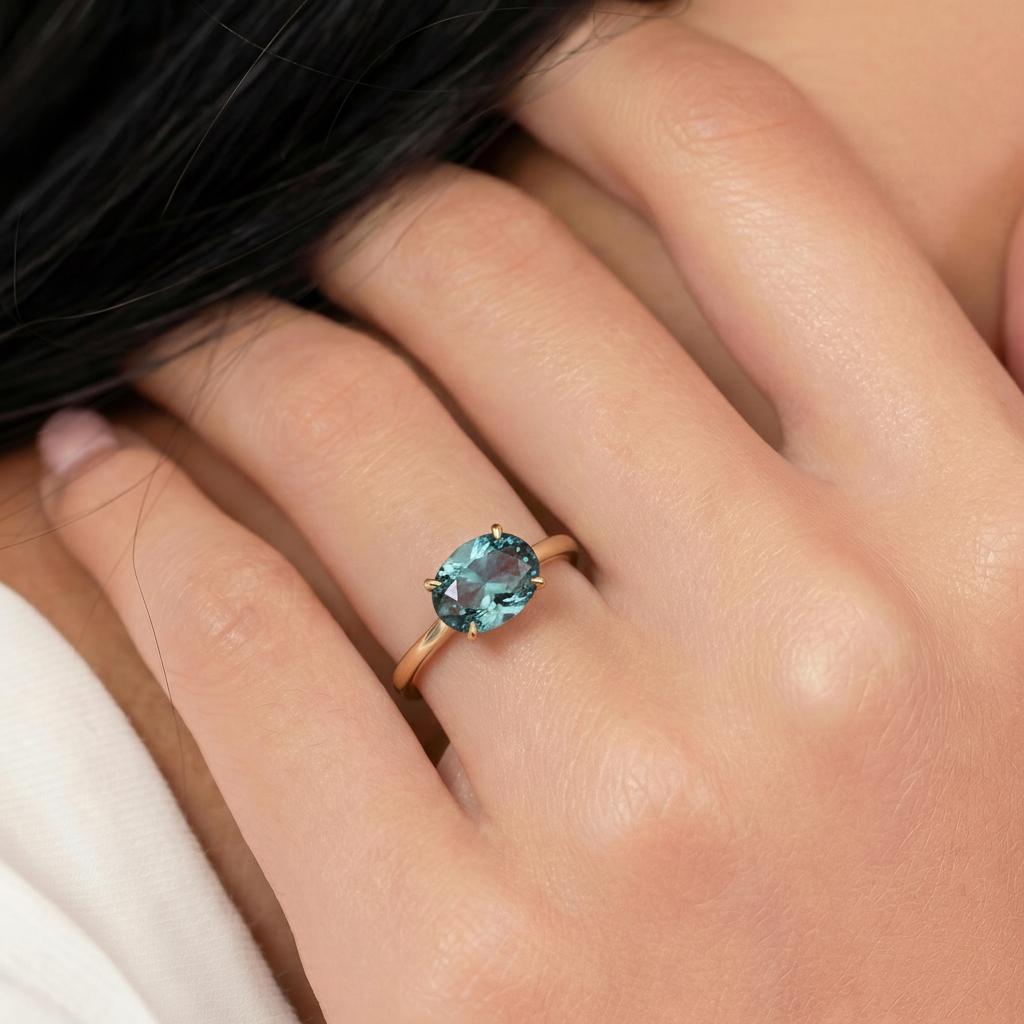 2.0 CT East West Oval Cut Alexandrite Engagement Ring, Yellow Gold Vermeil Ring, Dainty Travel Engagement Ring