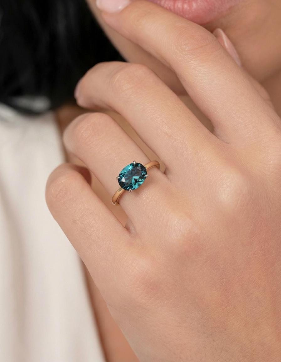 2.0 CT East West Oval Cut Alexandrite Engagement Ring, Yellow Gold Vermeil Ring, Dainty Travel Engagement Ring
