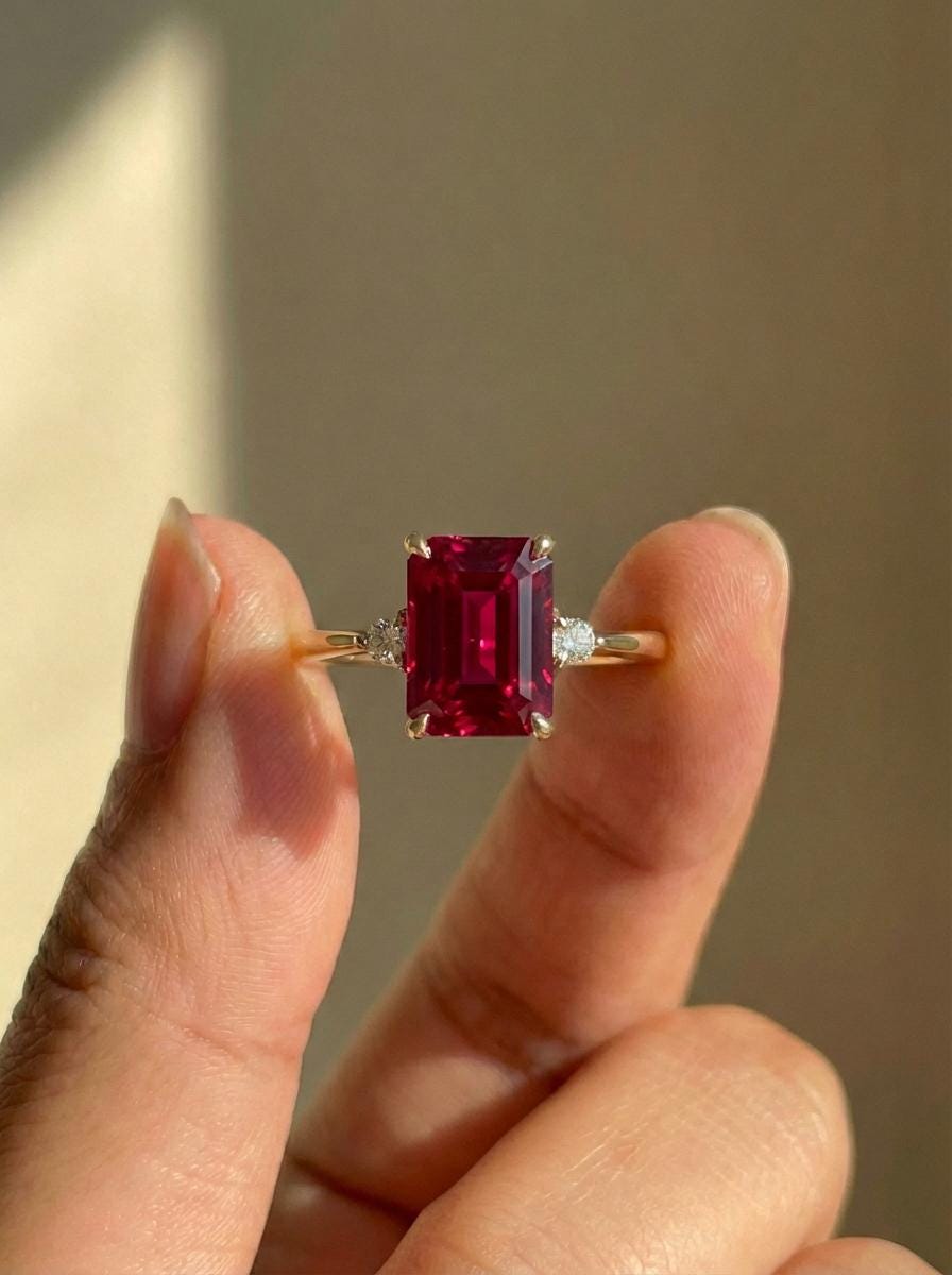 1.75ct Ruby Ring, Emerald Cut Ruby Ring, 14K Gold Statement Ring, Certified Stone Ring, July Birthstone