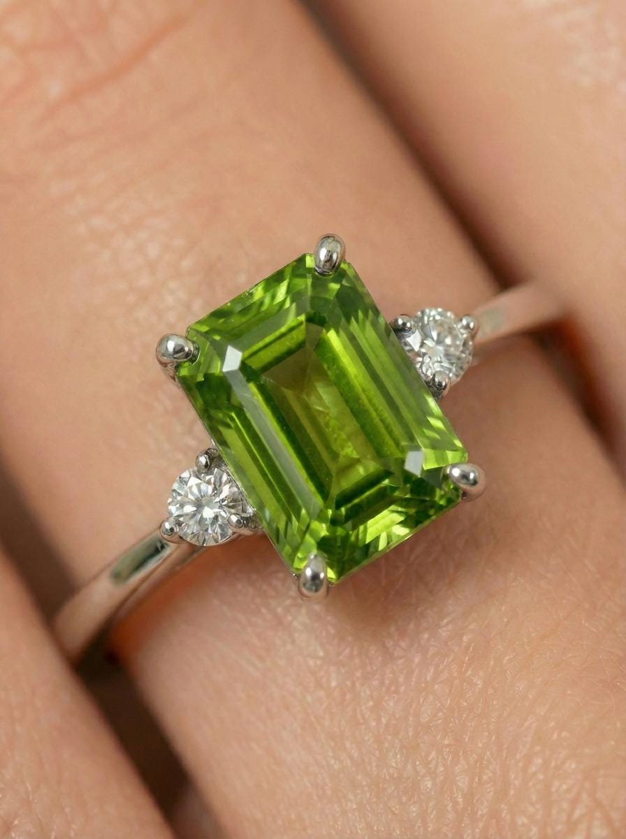 1.75ct Peridot Ring, Emerald Cut Peridot Ring, 14K Gold Statement Ring, Certified Stone Ring, August Birthstone
