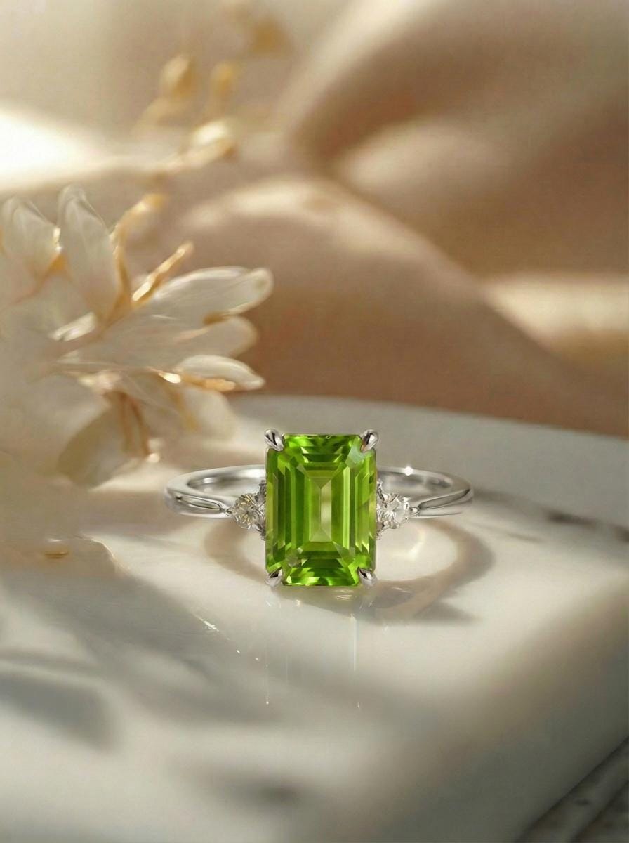 1.75ct Peridot Ring, Emerald Cut Peridot Ring, 14K Gold Statement Ring, Certified Stone Ring, August Birthstone
