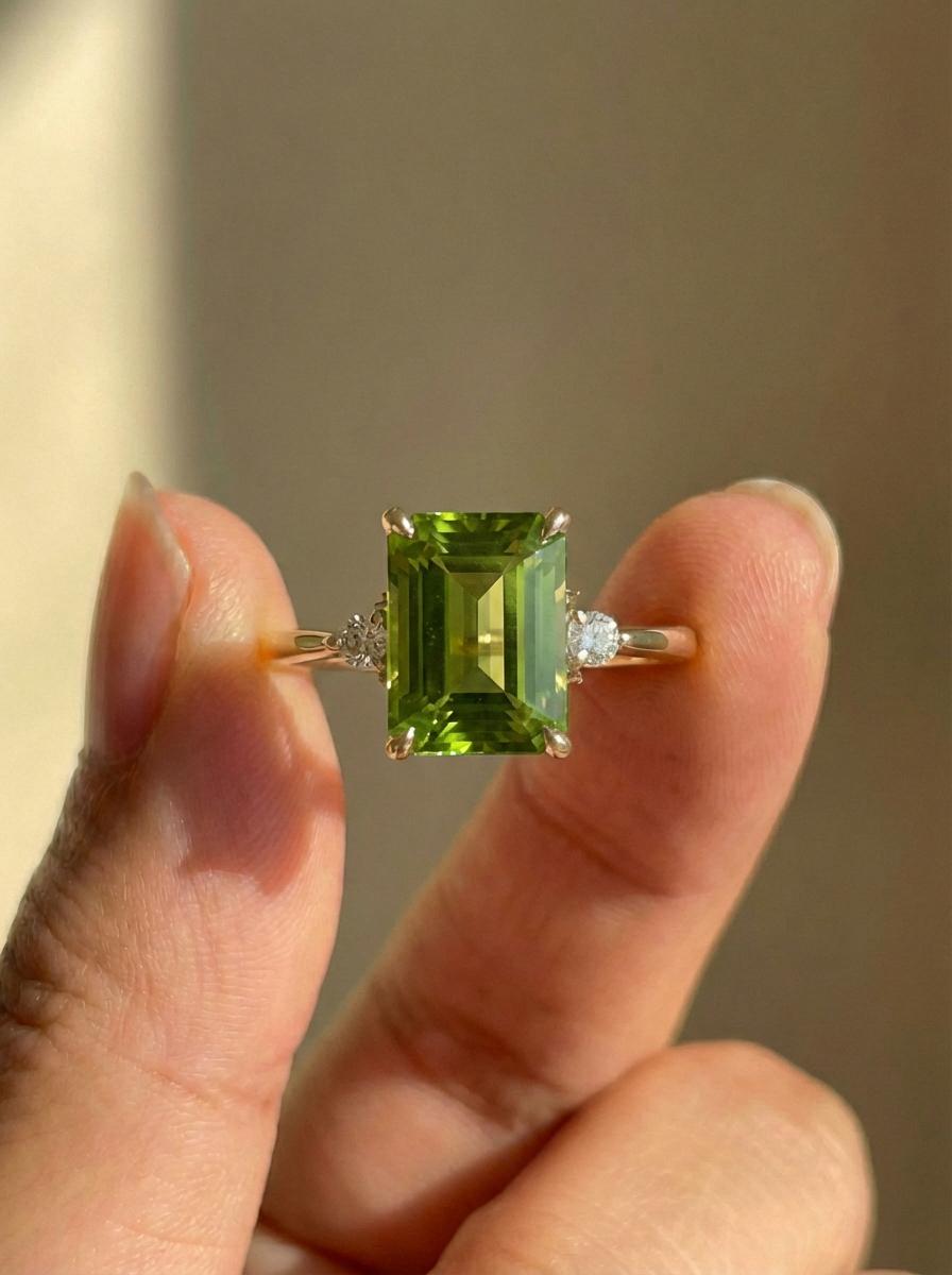 1.75ct Peridot Ring, Emerald Cut Peridot Ring, 14K Gold Statement Ring, Certified Stone Ring, August Birthstone
