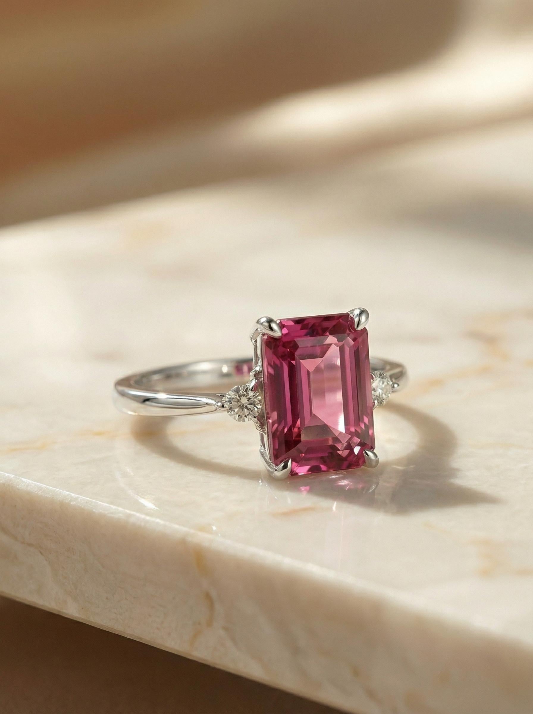 1.75ct Pink Tourmaline Ring, Emerald Cut Tourmaline Ring, 14K Gold Statement Ring, Certified Stone Ring, October Birthstone