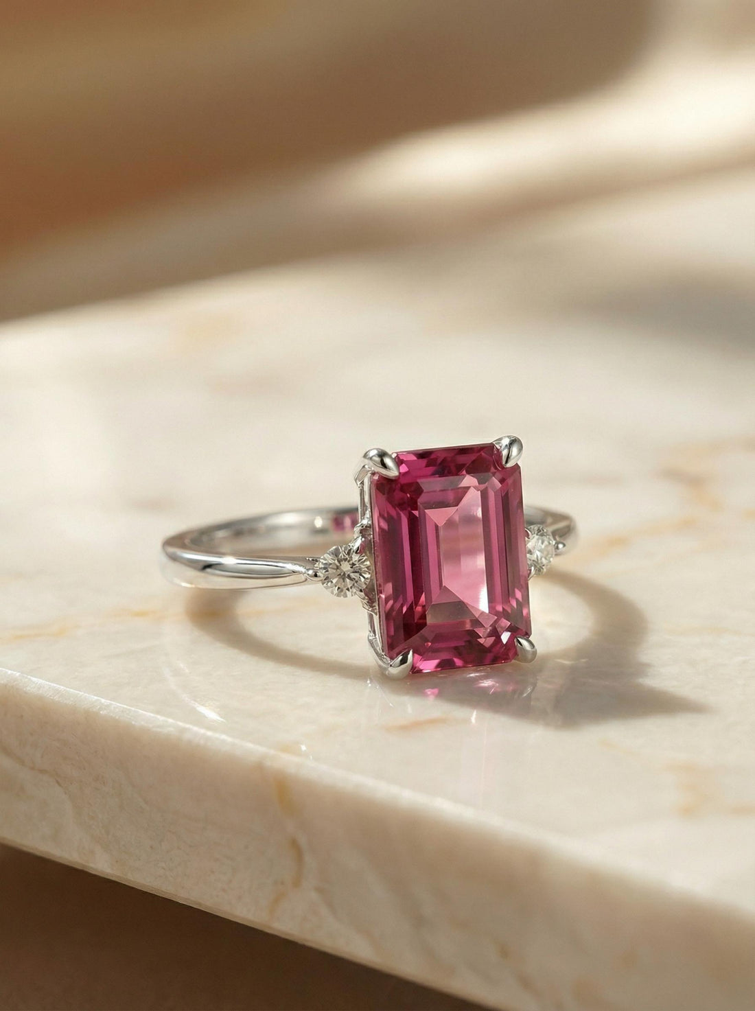 1.75ct Pink Tourmaline Ring, Emerald Cut Tourmaline Ring, 14K Gold Statement Ring, Certified Stone Ring, October Birthstone