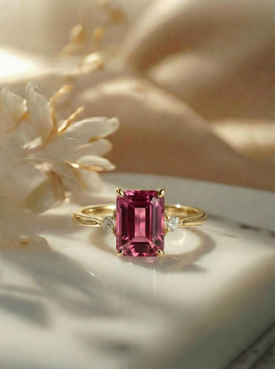 1.75ct Pink Tourmaline Ring, Emerald Cut Tourmaline Ring, 14K Gold Statement Ring, Certified Stone Ring, October Birthstone