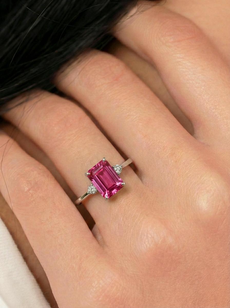 1.75ct Pink Tourmaline Ring, Emerald Cut Tourmaline Ring, 14K Gold Statement Ring, Certified Stone Ring, October Birthstone