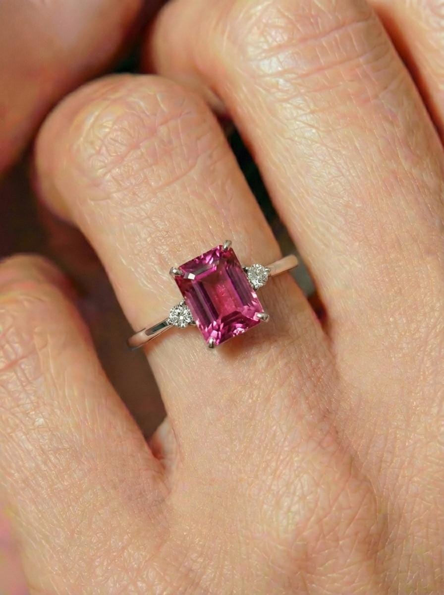 1.75ct Pink Tourmaline Ring, Emerald Cut Tourmaline Ring, 14K Gold Statement Ring, Certified Stone Ring, October Birthstone