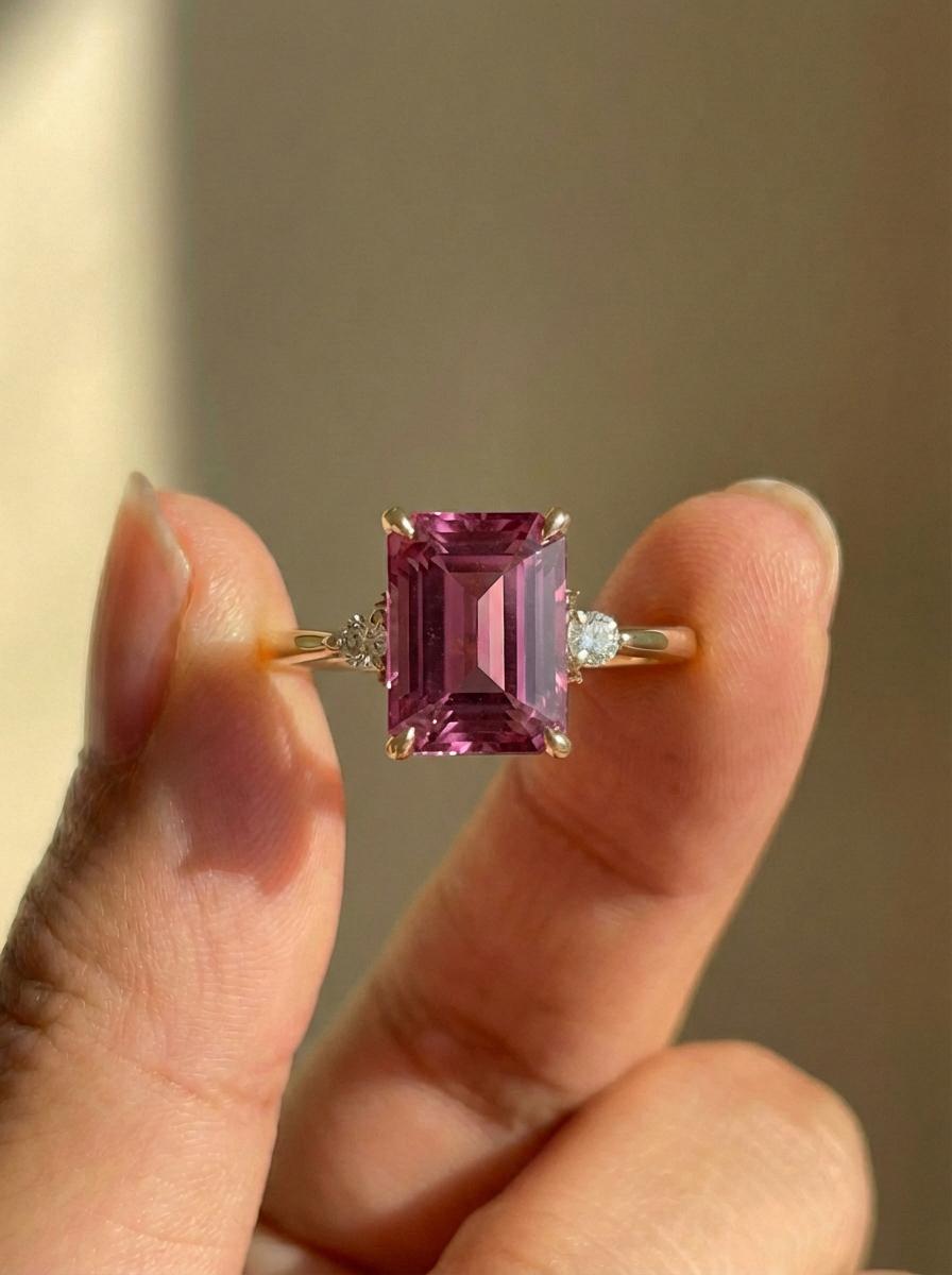 1.75ct Pink Tourmaline Ring, Emerald Cut Tourmaline Ring, 14K Gold Statement Ring, Certified Stone Ring, October Birthstone