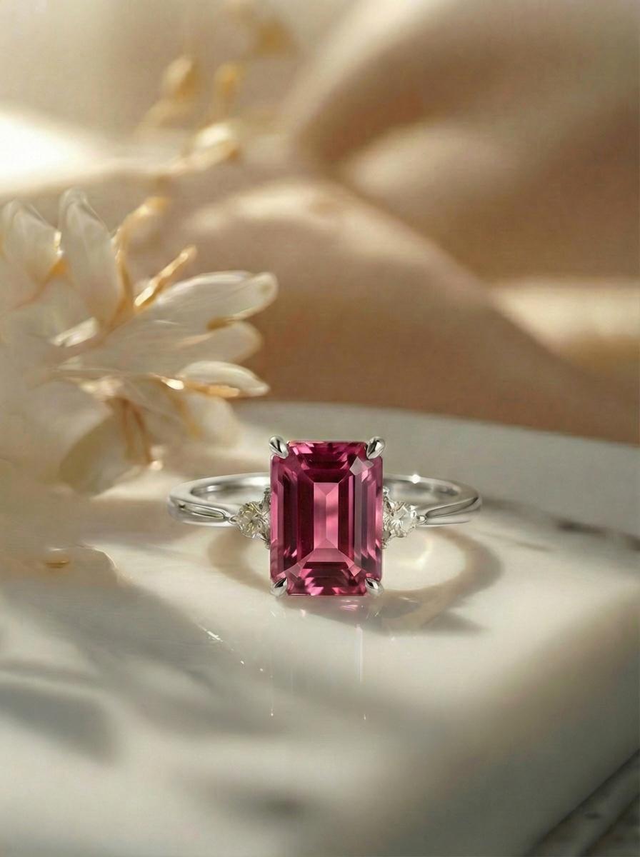 1.75ct Pink Tourmaline Ring, Emerald Cut Tourmaline Ring, 14K Gold Statement Ring, Certified Stone Ring, October Birthstone
