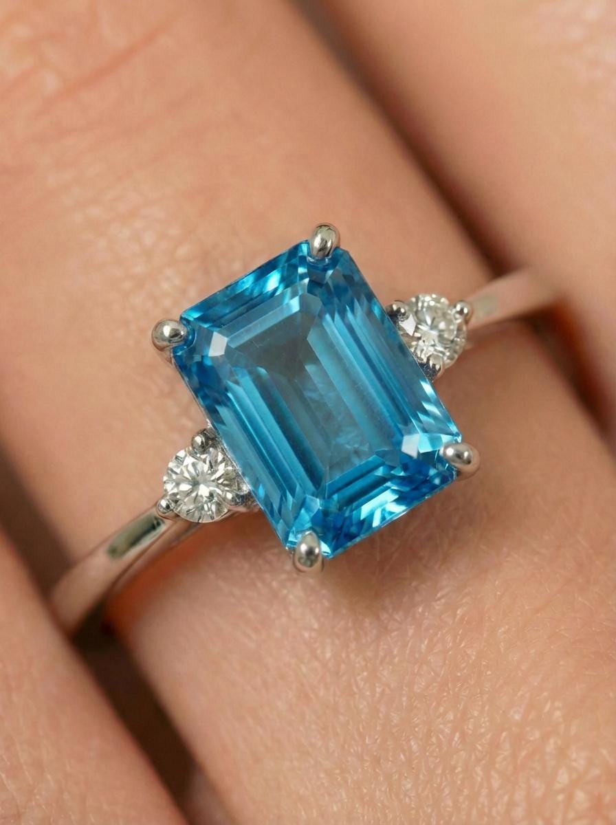 1.75ct Blue Zircon Ring, Emerald Cut Blue Zircon Ring, 14K Gold Statement Ring, Certified Stone Ring, December Birthstone