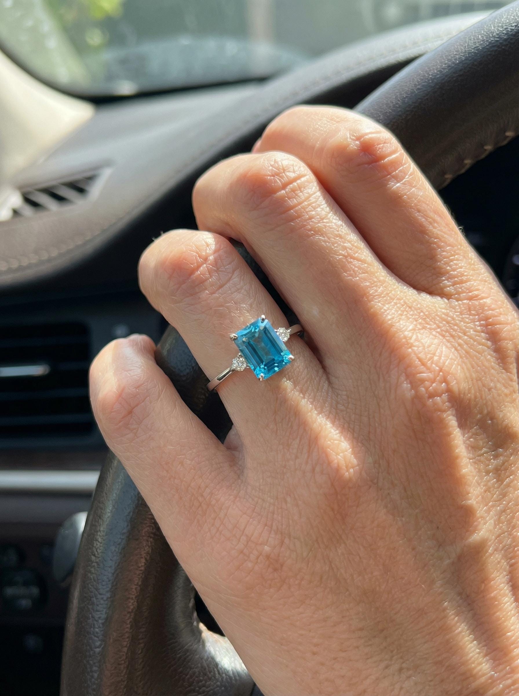 1.75ct Blue Zircon Ring, Emerald Cut Blue Zircon Ring, 14K Gold Statement Ring, Certified Stone Ring, December Birthstone