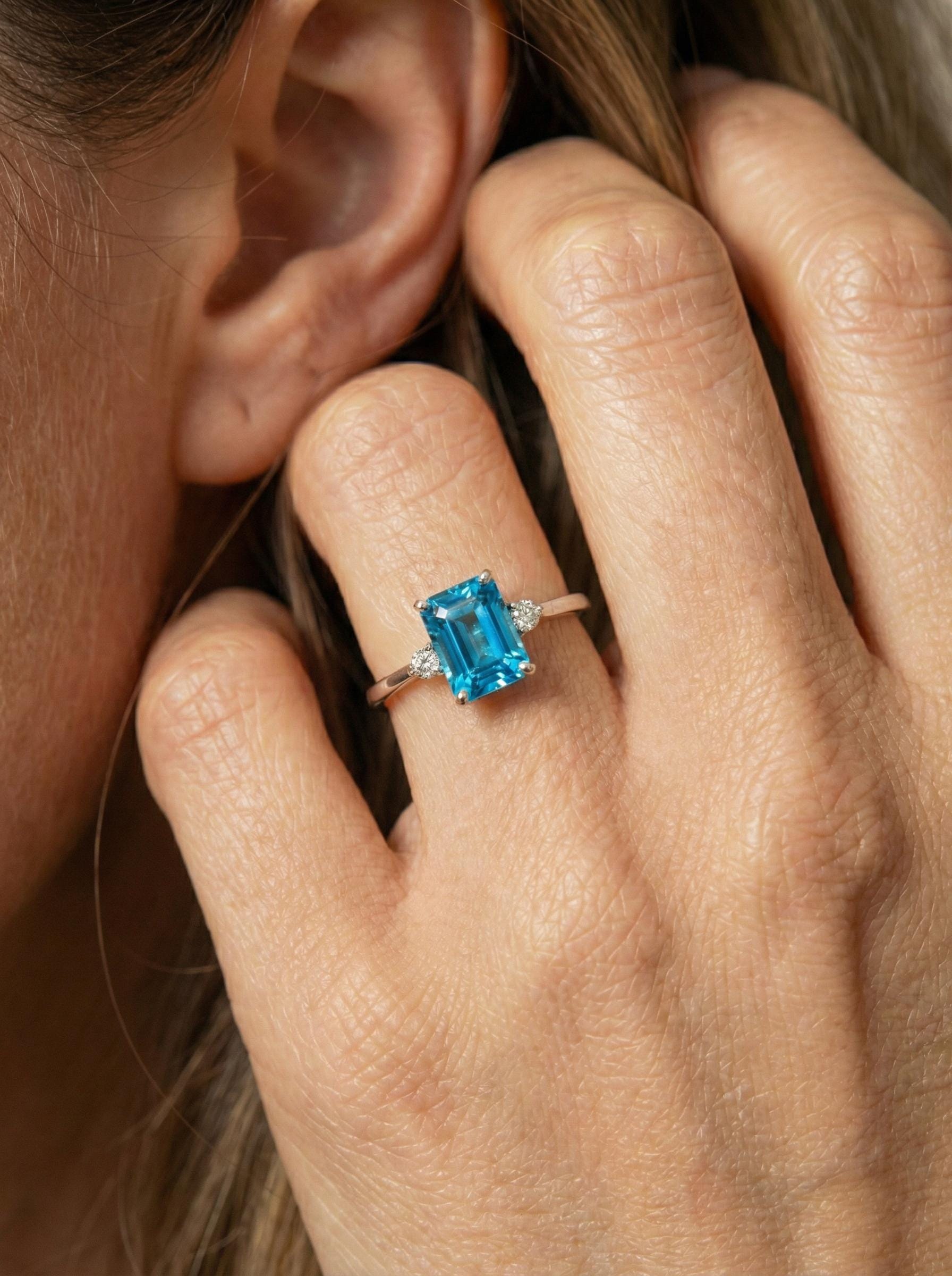 1.75ct Blue Zircon Ring, Emerald Cut Blue Zircon Ring, 14K Gold Statement Ring, Certified Stone Ring, December Birthstone