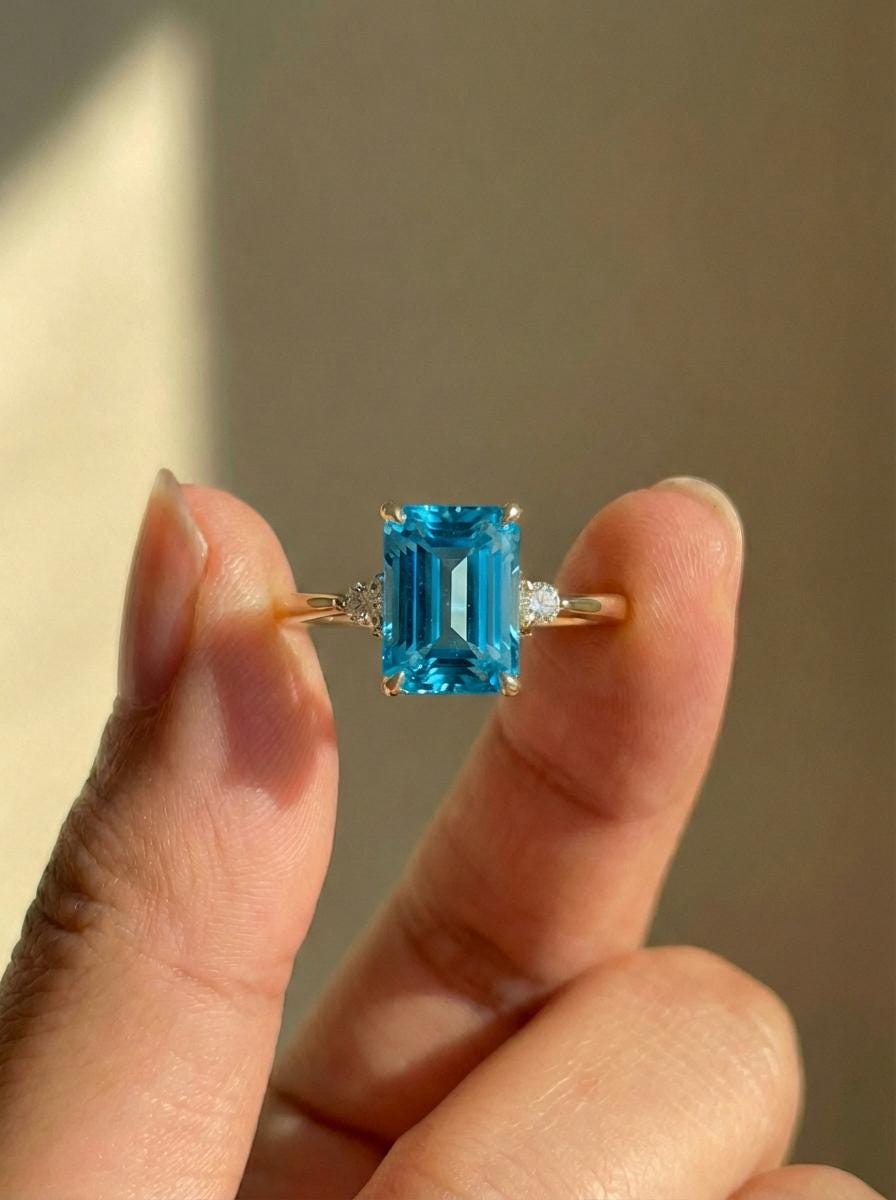 1.75ct Blue Zircon Ring, Emerald Cut Blue Zircon Ring, 14K Gold Statement Ring, Certified Stone Ring, December Birthstone
