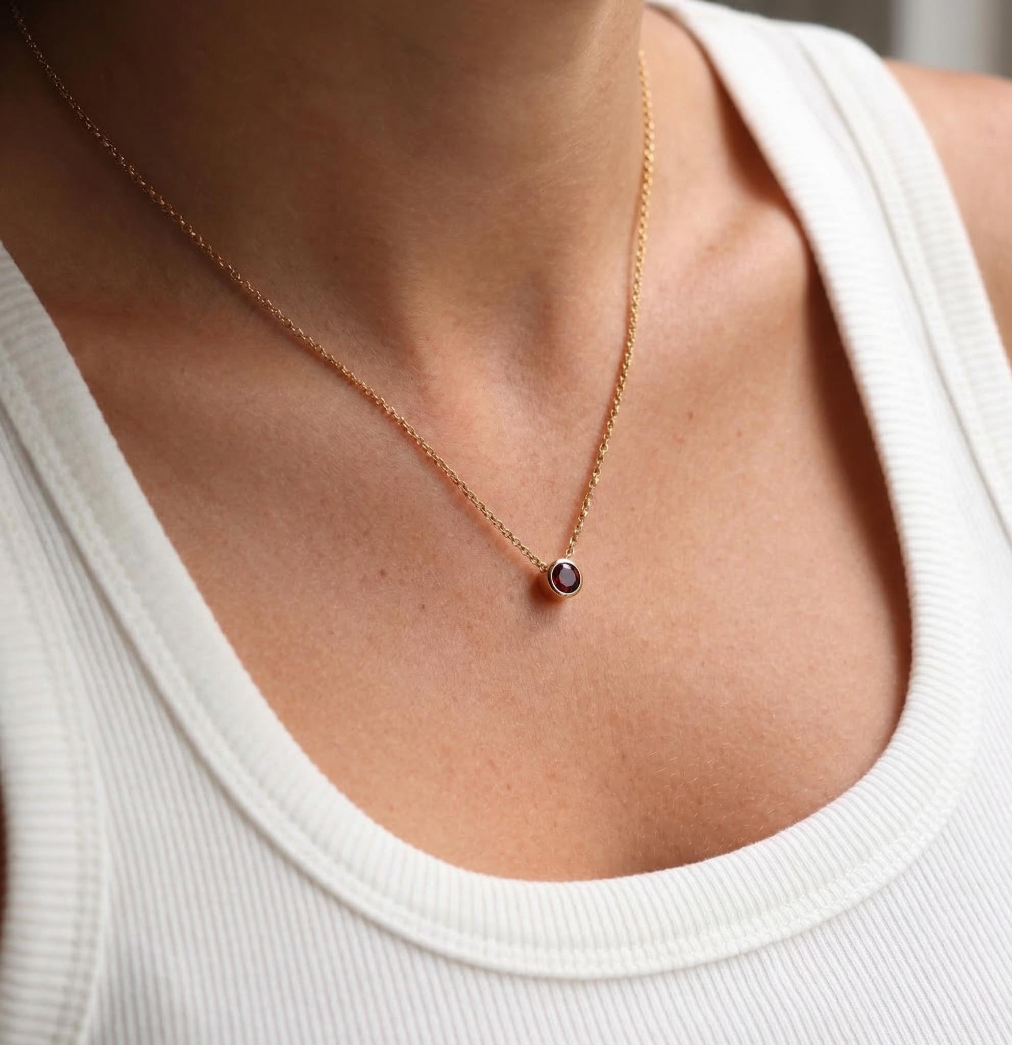 Dainty Gold Garnet Necklace | Minimalist Bezel Set Red Gemstone Solitaire Pendant | January Birthstone Jewelry | Everyday Elegance Gift