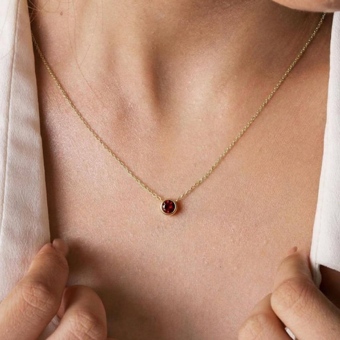 Dainty Gold Garnet Necklace | Minimalist Bezel Set Red Gemstone Solitaire Pendant | January Birthstone Jewelry | Everyday Elegance Gift