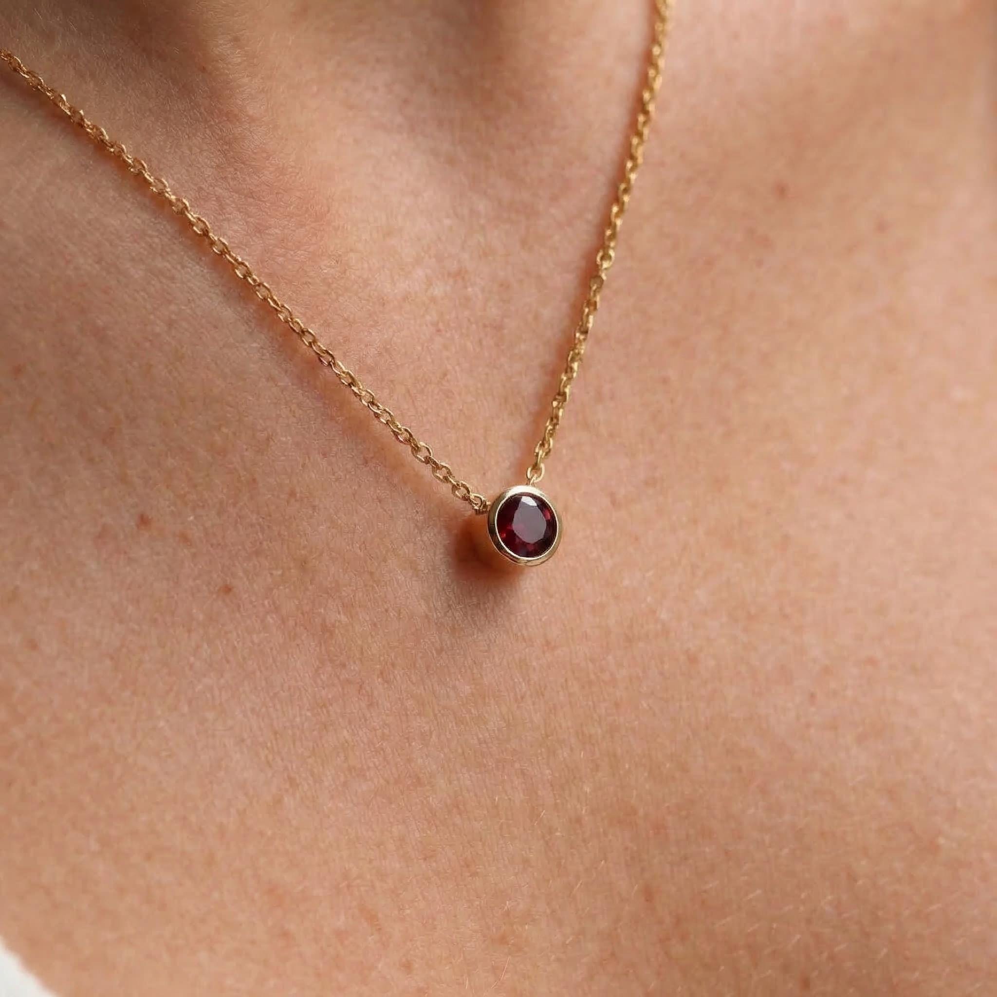 Dainty Gold Garnet Necklace | Minimalist Bezel Set Red Gemstone Solitaire Pendant | January Birthstone Jewelry | Everyday Elegance Gift