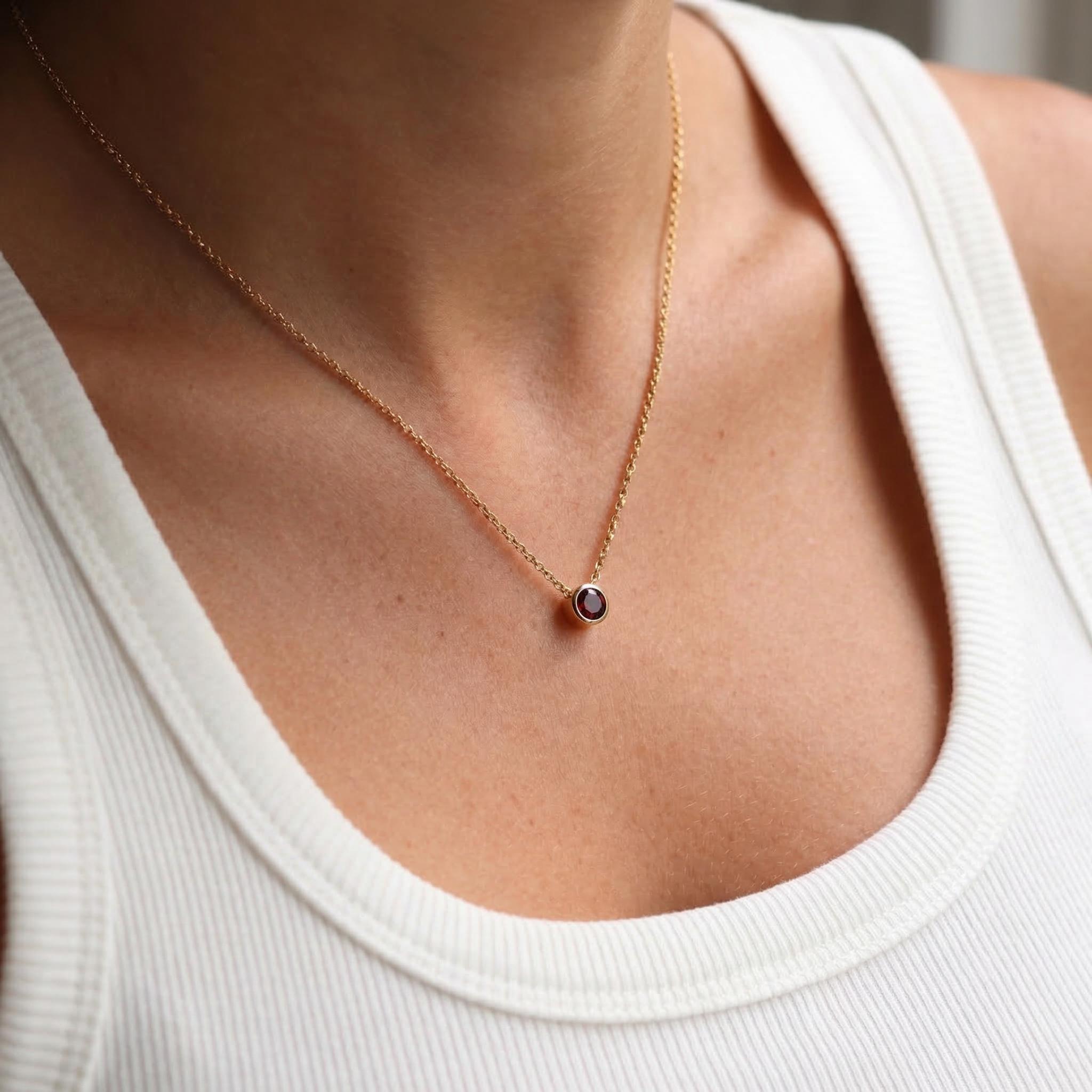 Dainty Gold Garnet Necklace | Minimalist Bezel Set Red Gemstone Solitaire Pendant | January Birthstone Jewelry | Everyday Elegance Gift