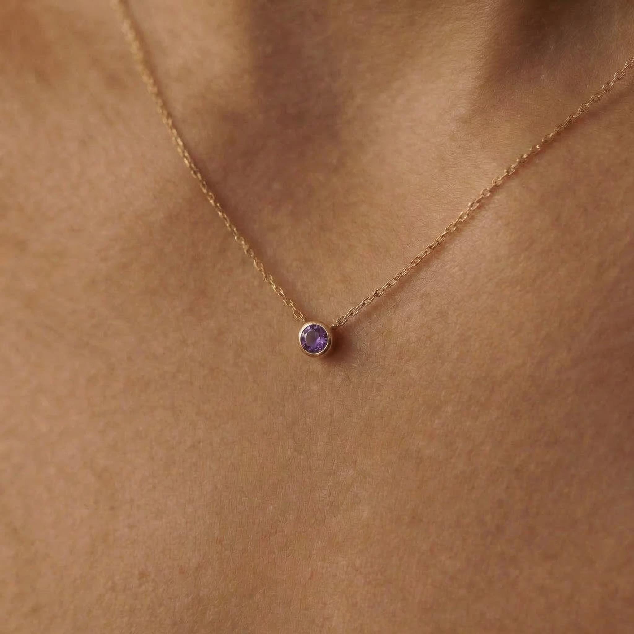 Minimalist Amethyst Solitaire Necklace | 14K Gold Bezel Set February Birthstone Pendant | Dainty Gemstone Jewelry Gift for Her