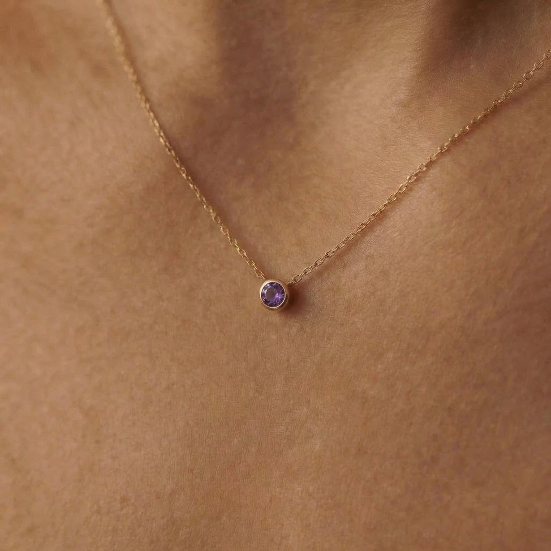 Minimalist Amethyst Solitaire Necklace | 14K Gold Bezel Set February Birthstone Pendant | Dainty Gemstone Jewelry Gift for Her