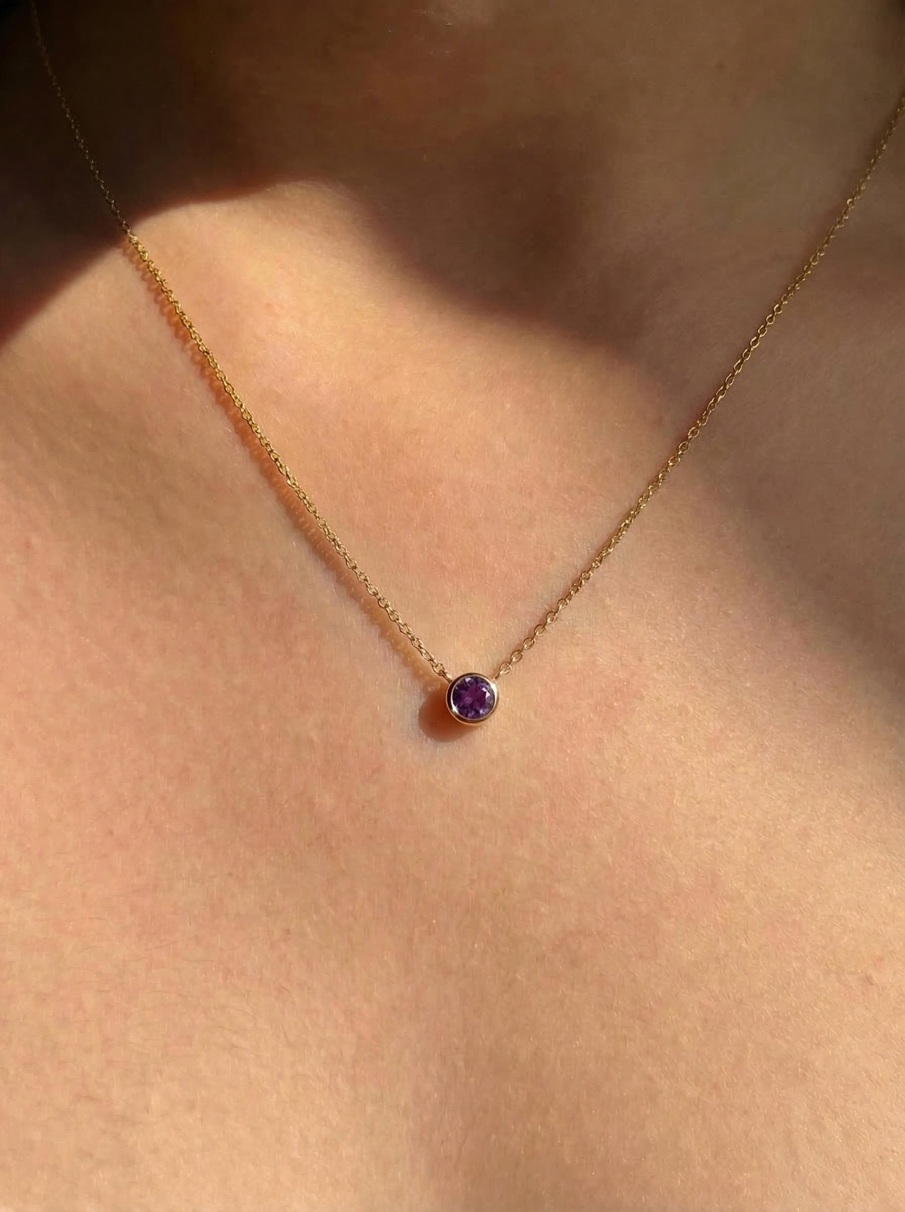 Minimalist Amethyst Solitaire Necklace | 14K Gold Bezel Set February Birthstone Pendant | Dainty Gemstone Jewelry Gift for Her