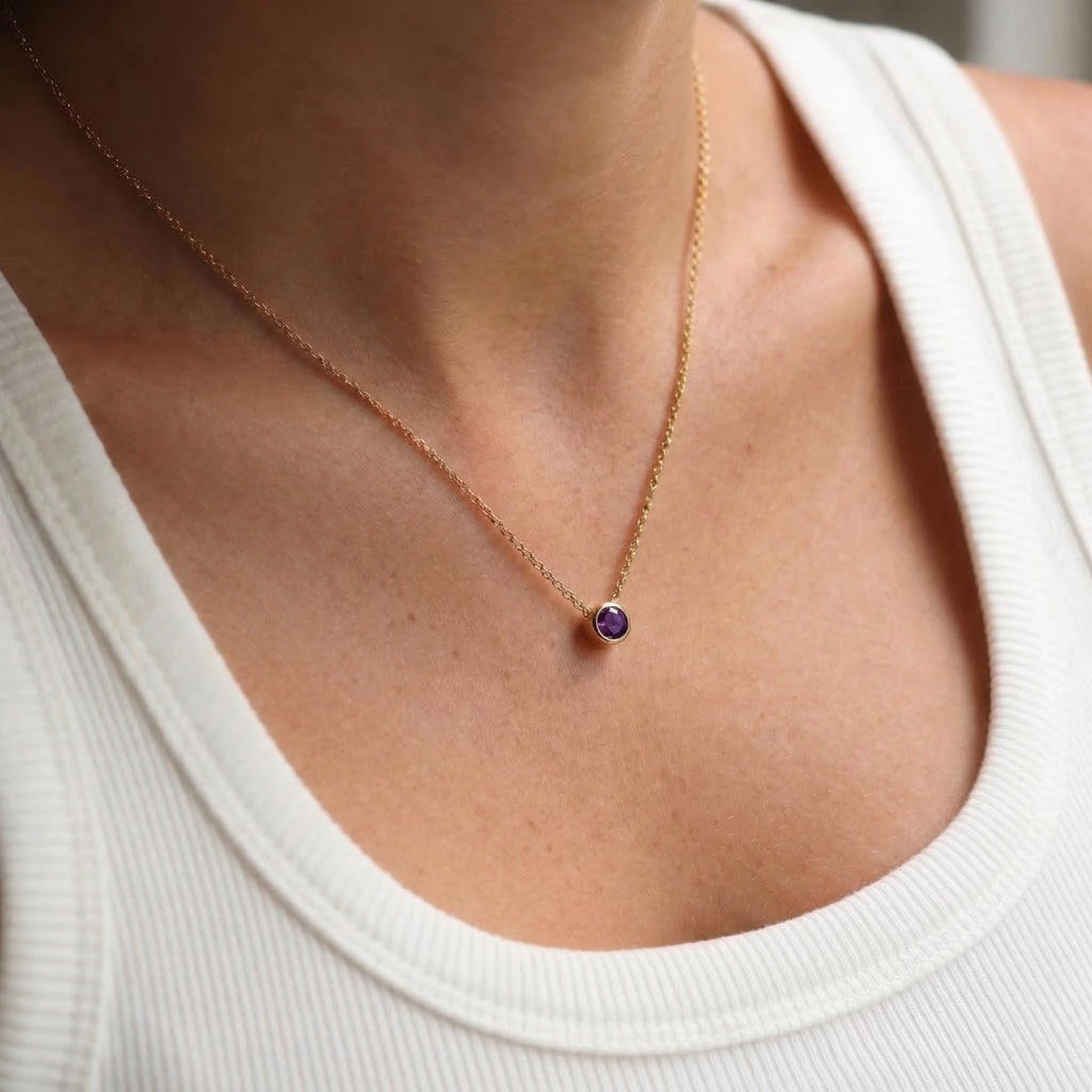 Minimalist Amethyst Solitaire Necklace | 14K Gold Bezel Set February Birthstone Pendant | Dainty Gemstone Jewelry Gift for Her