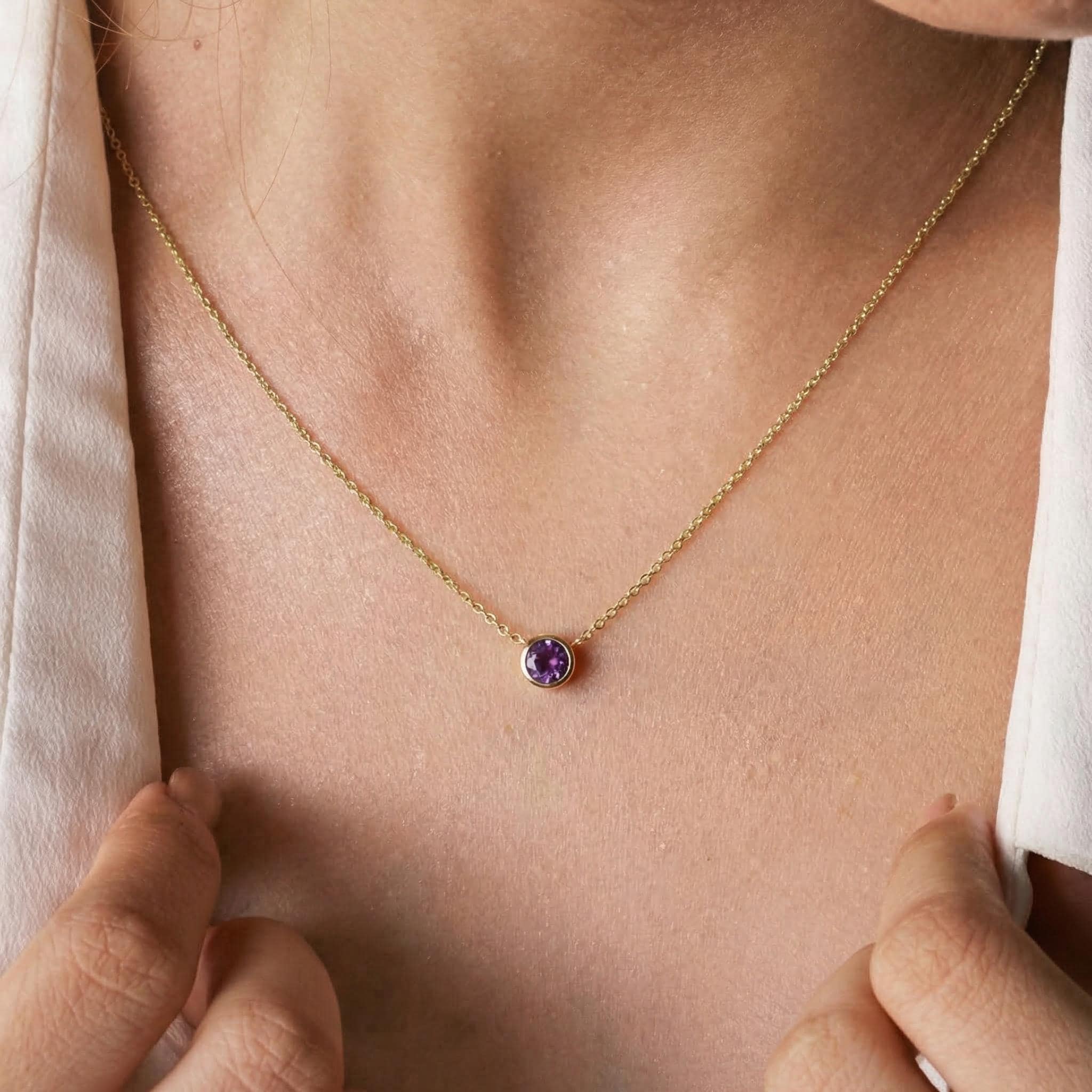 Minimalist Amethyst Solitaire Necklace | 14K Gold Bezel Set February Birthstone Pendant | Dainty Gemstone Jewelry Gift for Her