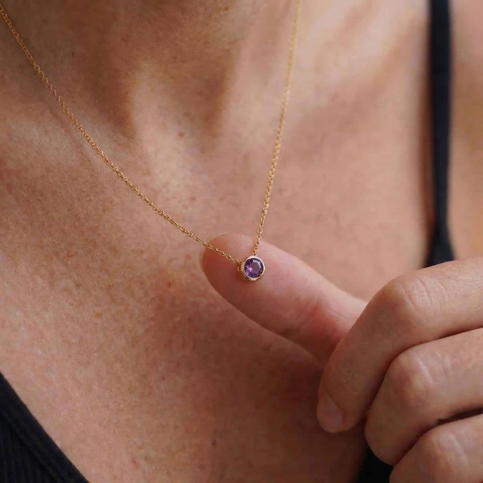 Minimalist Amethyst Solitaire Necklace | 14K Gold Bezel Set February Birthstone Pendant | Dainty Gemstone Jewelry Gift for Her