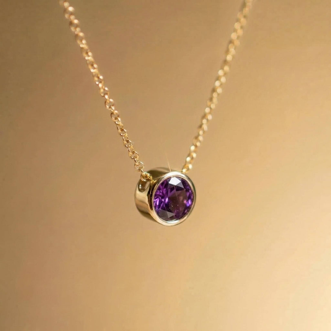 Minimalist Amethyst Solitaire Necklace | 14K Gold Bezel Set February Birthstone Pendant | Dainty Gemstone Jewelry Gift for Her