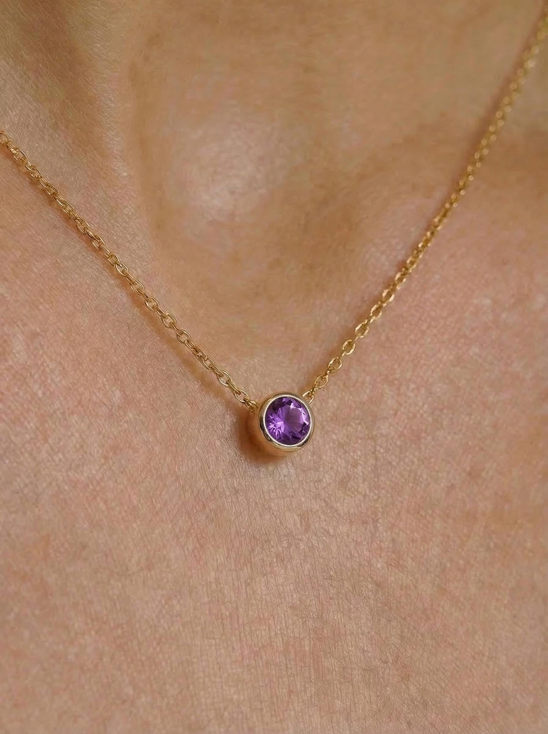 Minimalist Amethyst Solitaire Necklace | 14K Gold Bezel Set February Birthstone Pendant | Dainty Gemstone Jewelry Gift for Her