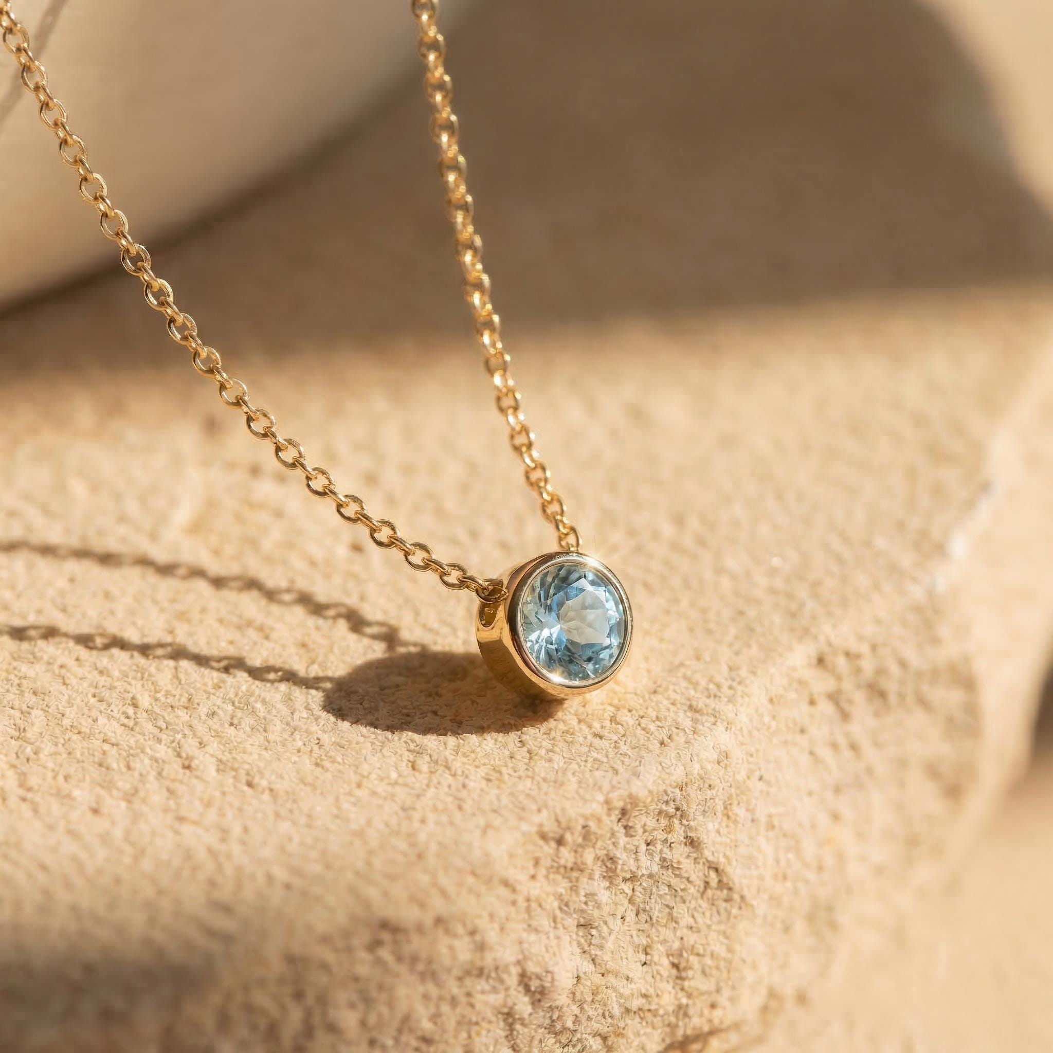 Dainty Gold Aquamarine Necklace | Bezel Set Aquamarine Pendant | Delicate Everyday Jewelry | March Birthstone Gift