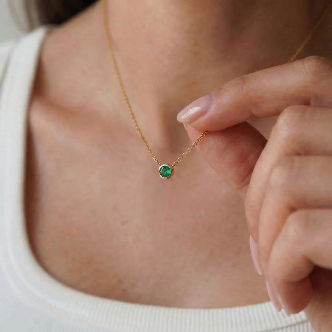 Dainty Gold Emerald Necklace | Minimalist Bezel Set Green Gemstone Pendant | May Birthstone Jewelry Gift for Her