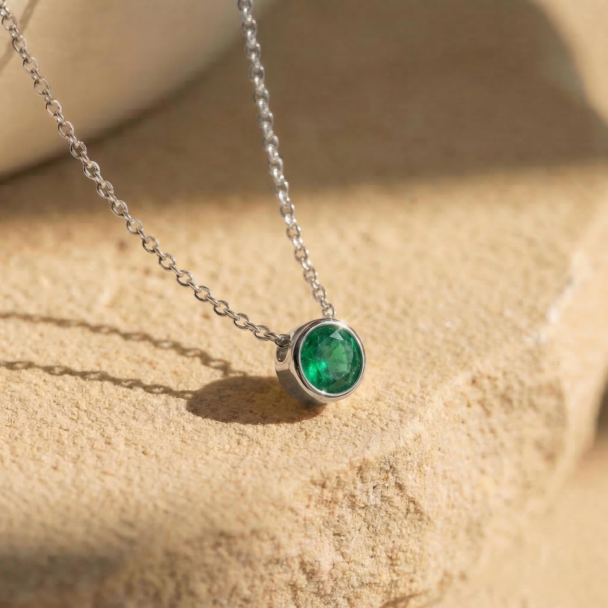Dainty Gold Emerald Necklace | Minimalist Bezel Set Green Gemstone Pendant | May Birthstone Jewelry Gift for Her