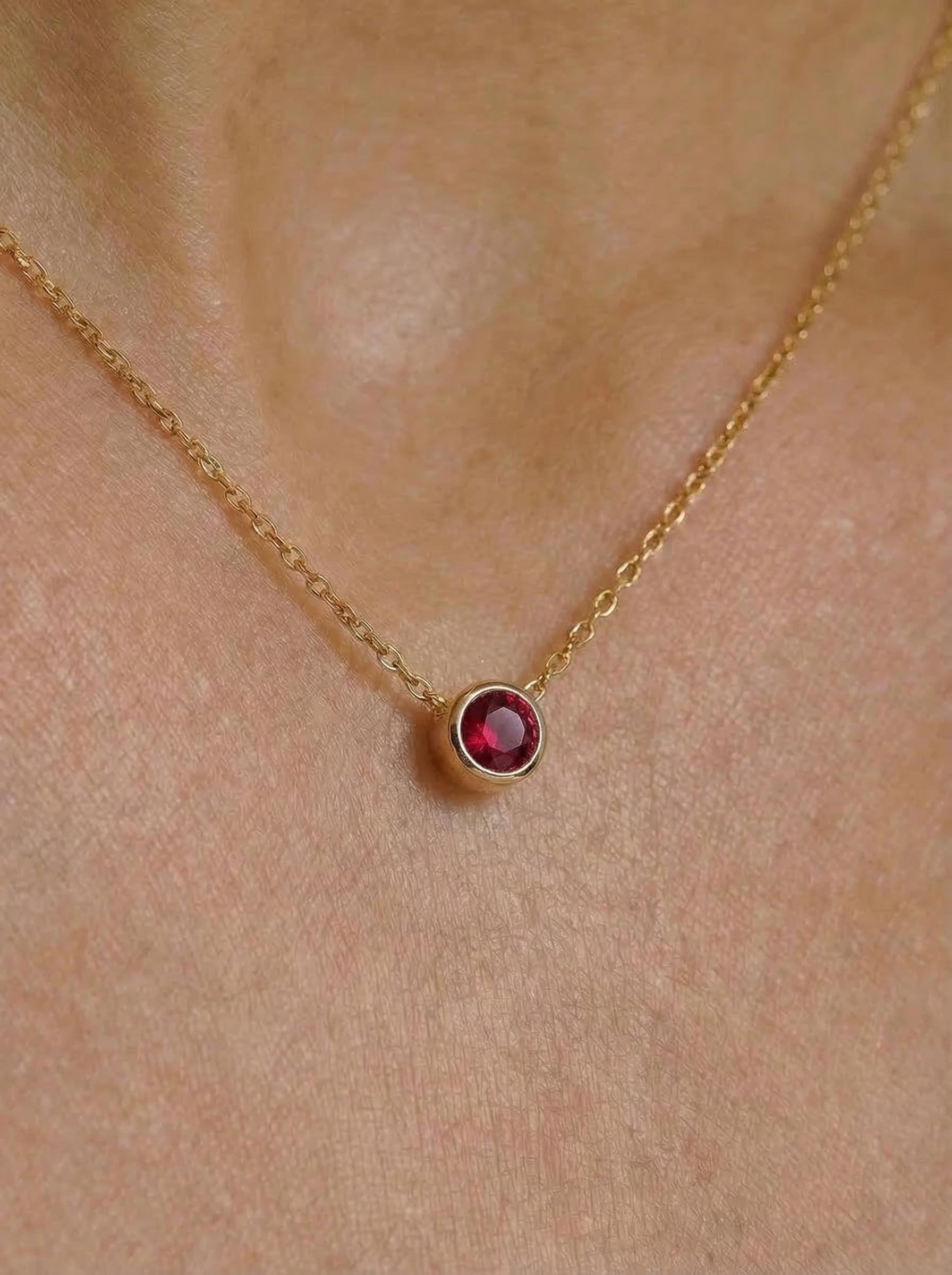Dainty Gold Ruby Necklace | Minimalist Red Gemstone Bezel Pendant | July Birthstone Fine Jewelry Gift for Her