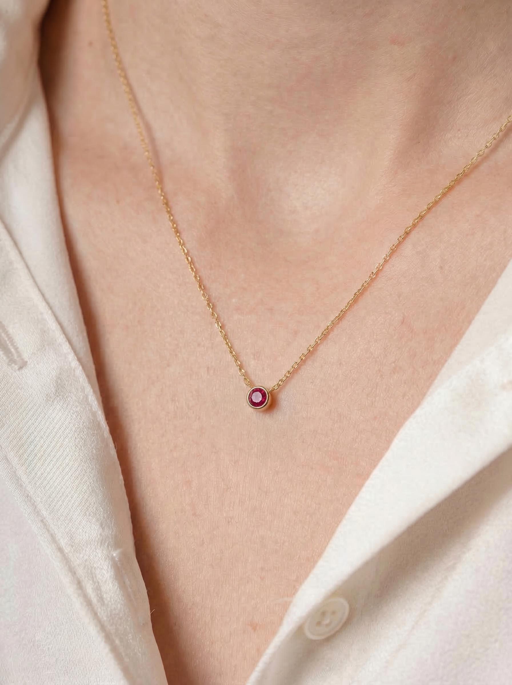 Dainty Gold Ruby Necklace | Minimalist Red Gemstone Bezel Pendant | July Birthstone Fine Jewelry Gift for Her