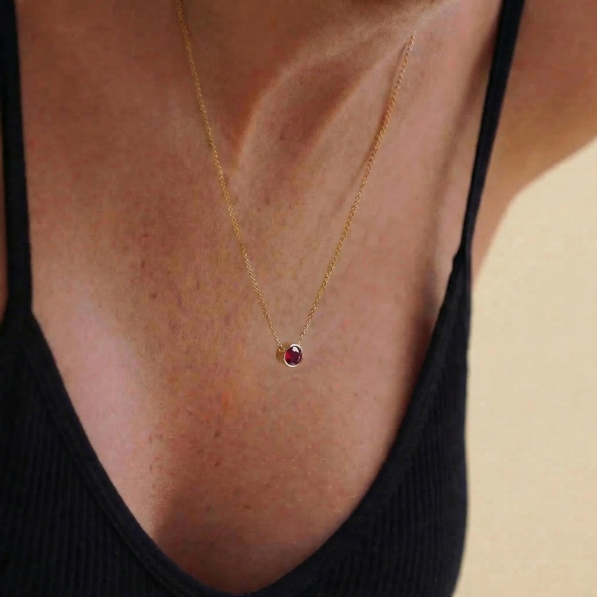 Dainty Gold Ruby Necklace | Minimalist Red Gemstone Bezel Pendant | July Birthstone Fine Jewelry Gift for Her