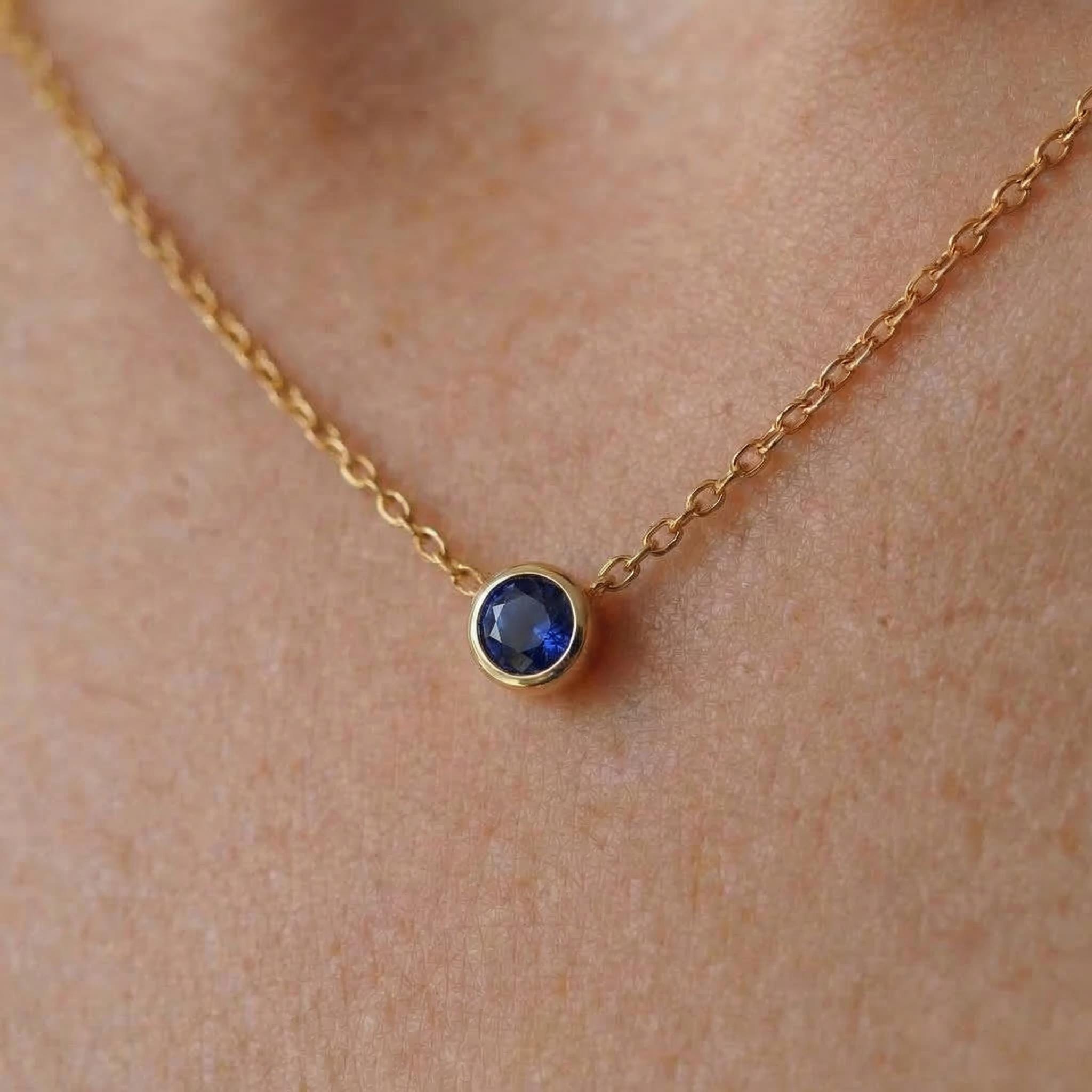 Dainty Gold Sapphire Bezel Necklace | September Birthstone Pendant | Minimalist Everyday Fine Jewelry Gift for Her