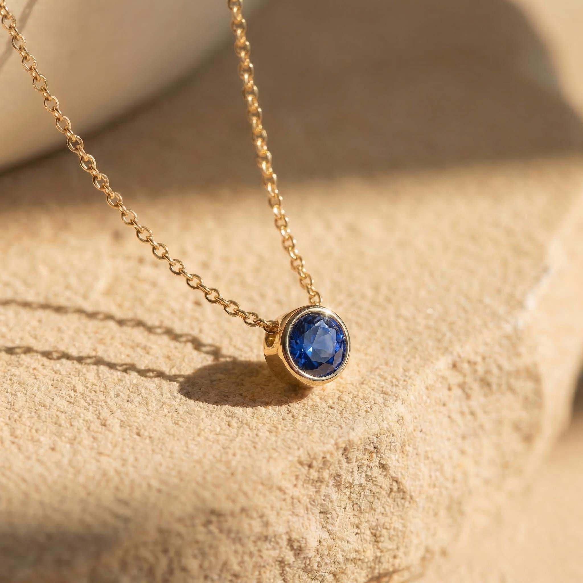 Dainty Gold Sapphire Bezel Necklace | September Birthstone Pendant | Minimalist Everyday Fine Jewelry Gift for Her