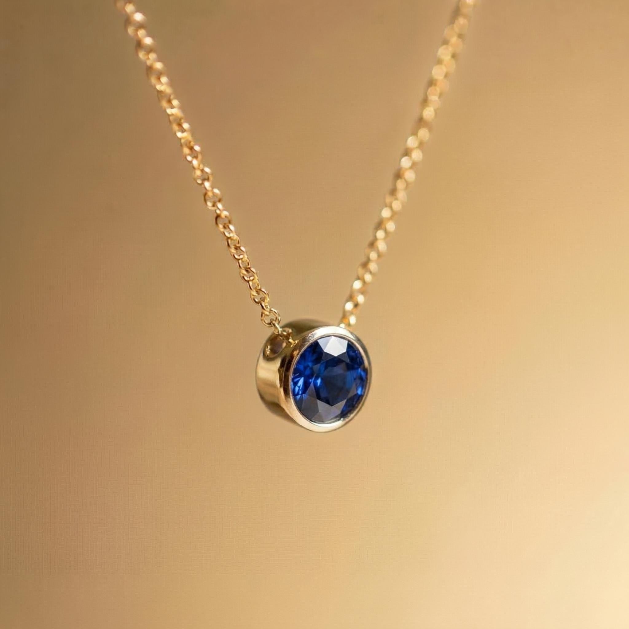 Dainty Gold Sapphire Bezel Necklace | September Birthstone Pendant | Minimalist Everyday Fine Jewelry Gift for Her