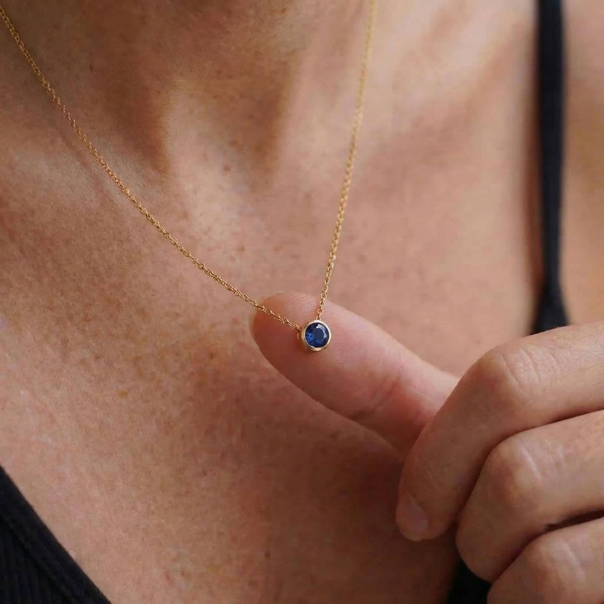 Dainty Gold Sapphire Bezel Necklace | September Birthstone Pendant | Minimalist Everyday Fine Jewelry Gift for Her