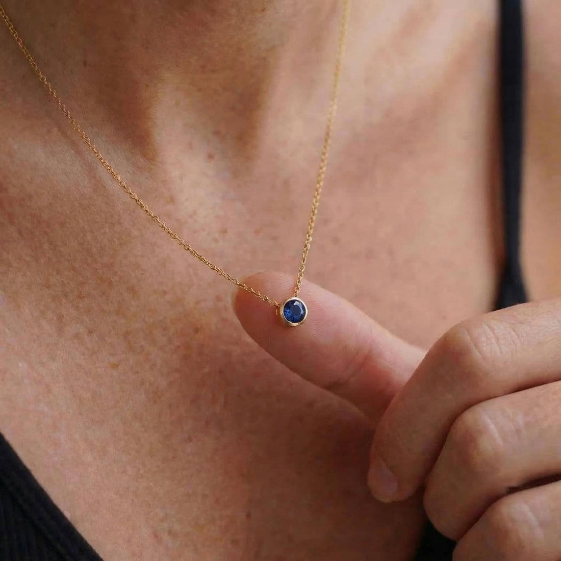 Dainty Gold Sapphire Bezel Necklace | September Birthstone Pendant | Minimalist Everyday Fine Jewelry Gift for Her